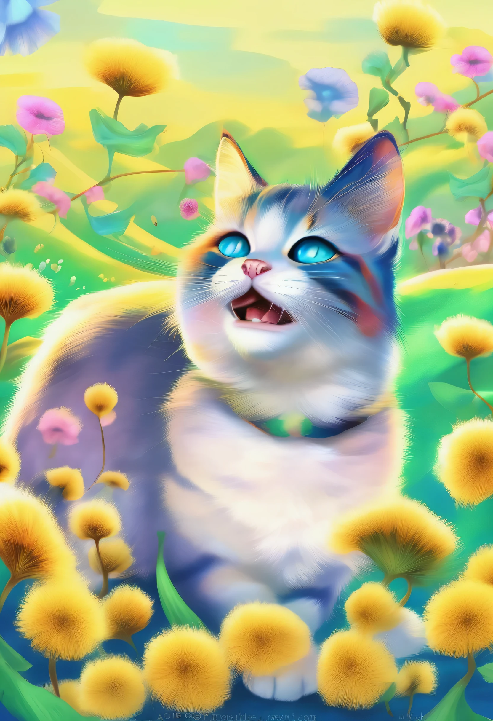 A cat yawning after waking up、Three-haired cat、It is stretching with its mouth open and its front legs forward.、 Pastel sky、Spring Sky、Dandelion flower、 ginkgo leaf, Slope, Slope background, Slope sky, Cats with missing stretches、Gives viewers a warm feeling, Yellow Flower々, Spring background, Many colours in the sky, alone, blue sky、 Early Afternoon, Many color background, Chaotic colored sky, Malachite's Theme, Pop Surrealism , Highest quality、Cracked Texture、pop surrealism
pop art
drawing、Fractal Art