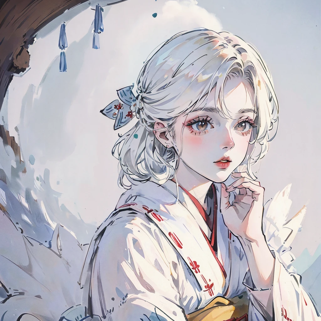 Uma garota de cabelos pretos longos, pale skin (ou levemente esverdeada), usa um kimono preto com. A white scarf around the neck. [Anime; Gothic; fundo escuro]