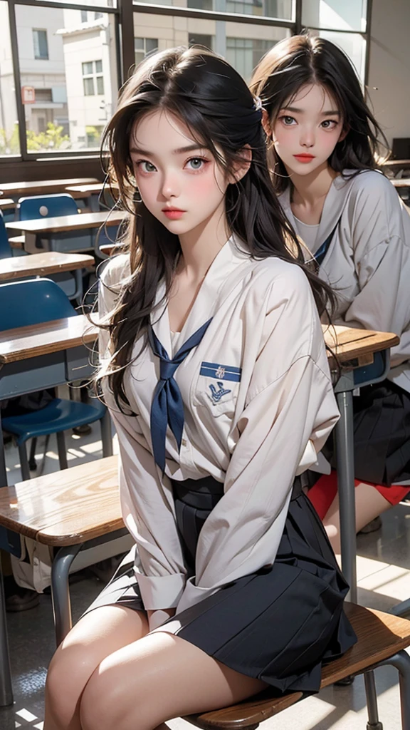 A beautiful high school girl who is half French and half Japanese、Anyway, her face is beautiful、Beautiful blue eye color、Beautiful long, straight, bright blonde hair、Please wear sailor uniforms, which are typical of Japanese school uniforms.。Next to me is a Japanese high school boy with dark hair and a gloomy personality.。The background is a high school classroom。The two of them sit at desks next to each other in a classroom at school.。Both of them are sitting on chairs and taking classes.。Be sure to depict the two of them sitting side by side in class.。