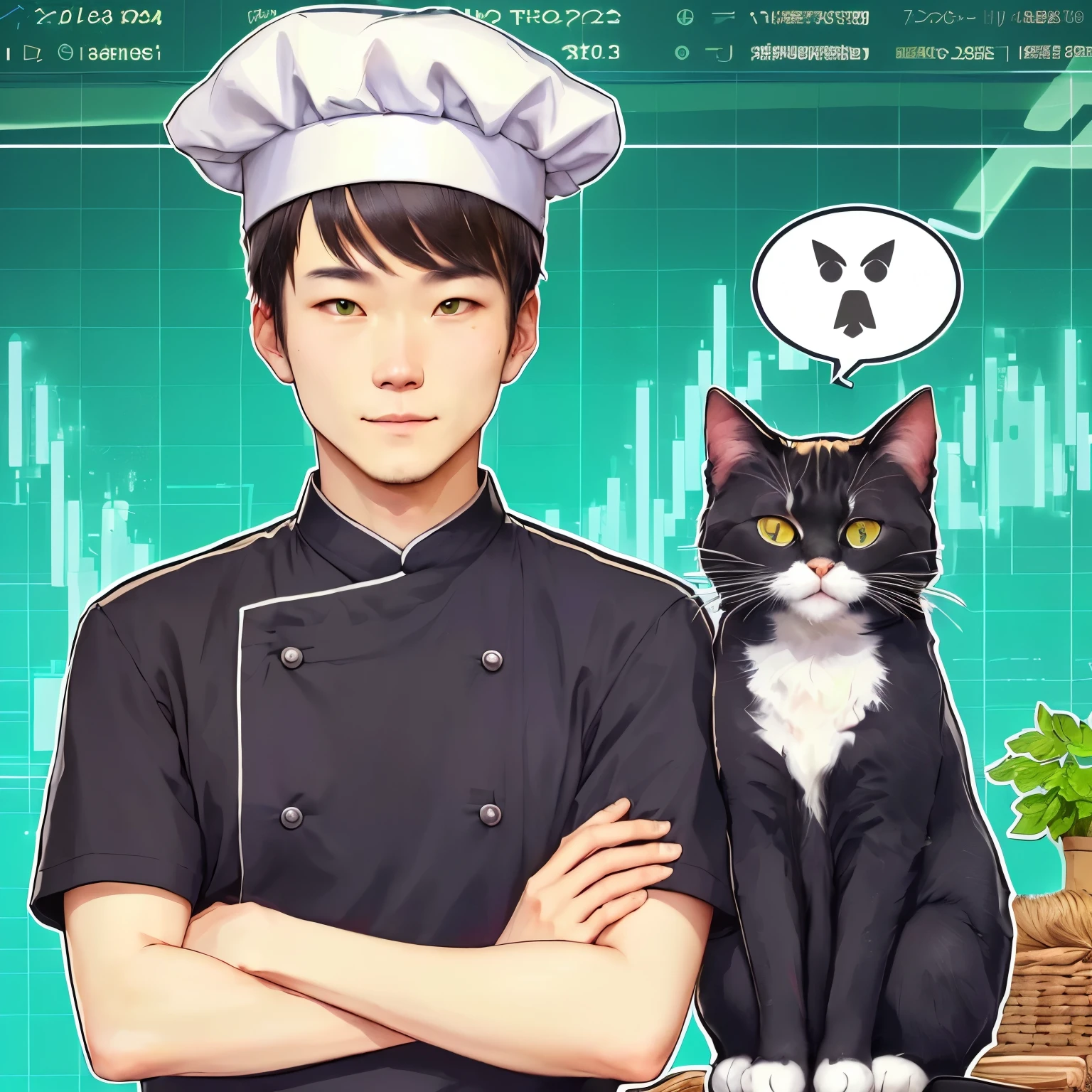 There was a man and a cat standing next to each other., best chef, cat cooks soup, Niksu and Sakimichan, Portrait NFT, Satoshi, Ben Myers and Zakimichan, Edible crypto, Satoshi con, Vitalik Buterin, Official fan art, Sakimichan and Frank Franceta,Crypto graph background