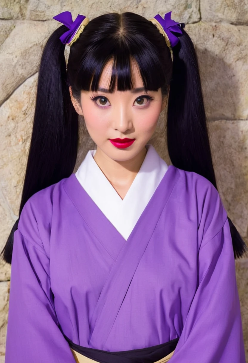 A Ghibli's studio character. She have her black hair tied in a long pigtails. She wears traditional clothes and her lipstick is purple