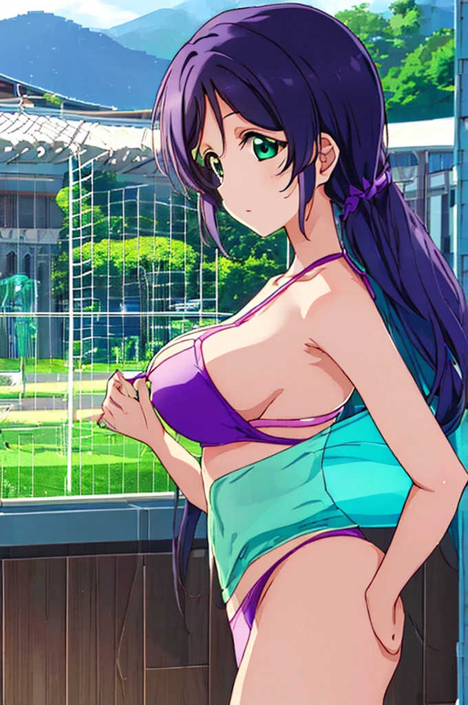 (((pixel-perfect, detail-perfect))), solo, 1girl, nozomi tojo, normal face, eyes green, hair violet, pool, bikini, large extreme filesize, ultra High Qality