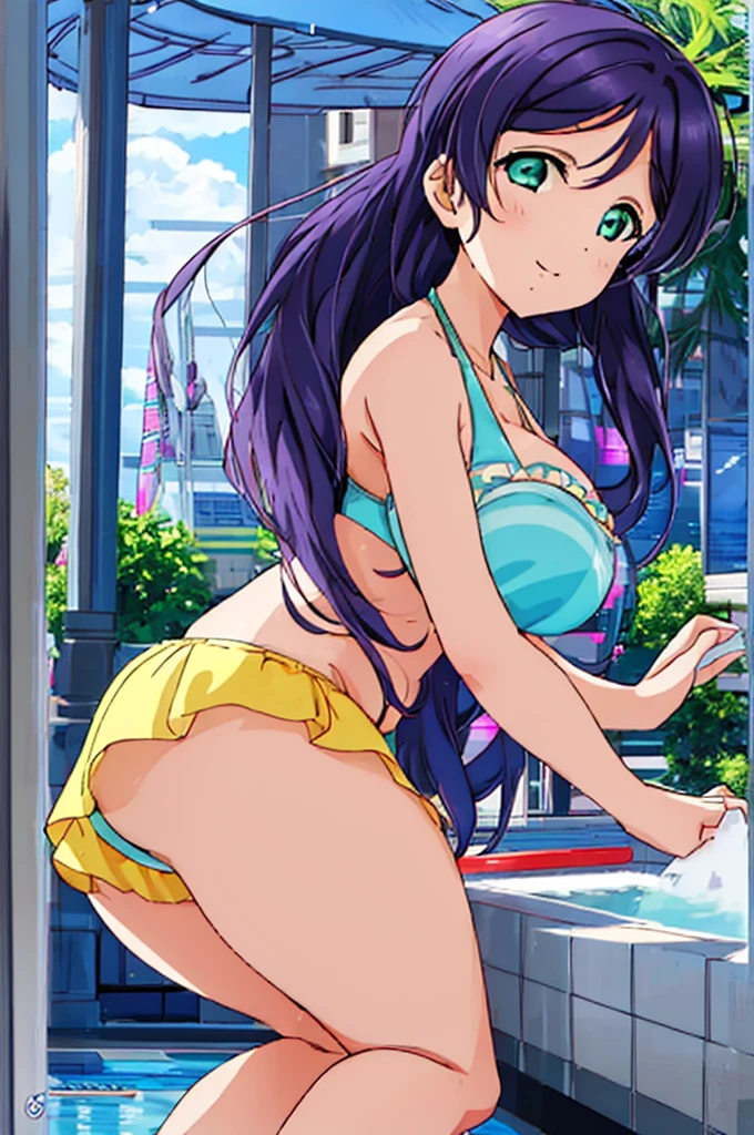 (((pixel-perfect, detail-perfect))), solo, 1girl, nozomi tojo, normal face, eyes green, hair violet, pool, bikini, large extreme filesize, ultra High Qality