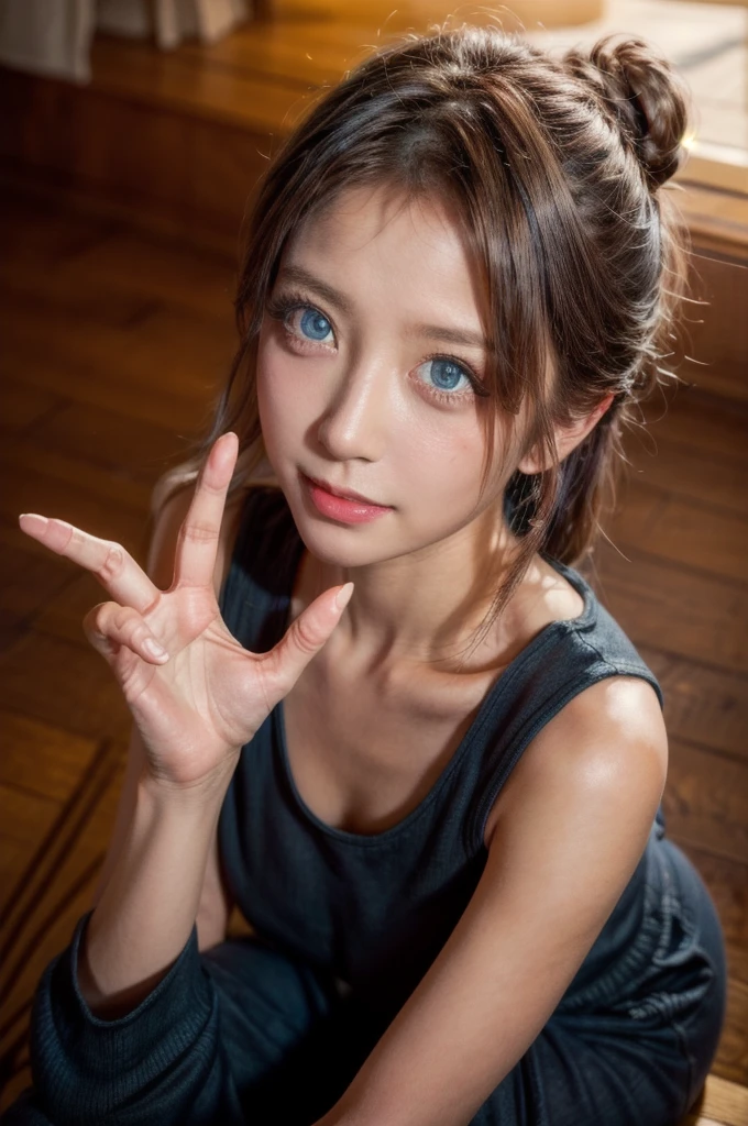 masterpiece, best quality, ultra-detailed,
(realistic:0.2), CG, 4k, 8k, illustration, natural lighting,
(beautifuly detailed background :1.1),(perfect anatomy, correct limb, correct finger),
(beautifuly detailed cute), (beautifuly detailed eyes),
(beautifuly detailed oily skin,medium breasts :1.1),
(glowing eyes:1.2), (Slender:1.3),
(1girl, solo), (depth of field),
smile, blush, looking at viewer, ((looking up:1.2)), from above, (__output__), blue eyes, black hair, bangs, hair bun, outstretched hand, lips, foreshortening