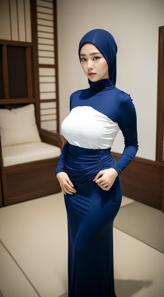 (Masterpiece,Best Quality:1.3),(depth of field:1.3) ,((front body:1.35)) ,Japanese woman hijab,30 years old, Long Sleeve Round neck T-shirt Maxi Tight Dress, huge breasts , plump,(looking at viewer:1.3), (full body shot:1.2), crouch down,