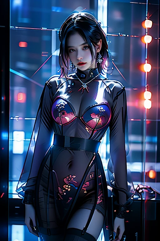 Shy woman on a rainy night，(8K Ultra HD、Digital SLR Camera、Soft Light、high quality、Volumetric Lighting、frank、photo、high resolution、4k、8K、Bokeh)，(Rich details on the eyes and face，warm color, Very saturated colors，Show a charming smile, little cherry mouth, Balanced Eyes, Perfect face, Pretty Face, black eyes，Skin is transparent and visible, Shirasawa skin, cosmetic,earrings，Forehead chain，necklace, Jewelry，Headdress，Hair accessories)，(Create stunning images of real girls, warm light, Dynamic poses, Elegant Posture, Cowboy lens, Front full body，Look confident from the front，Body facing the camera，Standing pose facing the camera，Open your legs slightly，Golden Ratio Graphics，Minimalism,) ,Chinese anime girl，Pink Hair，Waist-length hair，Messy Hairstyle，,Gradient hairstyles，Cyberpunk hairstyle，(Transparent clothes：1.5)，Bright red clothes，Thin clothes。Transparent mesh clothes，Transparent clothes，Transparent pink one-piece swimsuit，（y，Perfect breape、Very detailed breasts，3，No underwear，（Super high waist，Waist hollow，Levain），Black socks.（Clear knee-length socks、Garter socks，Leg ring，garter、腿部garter，Waist ring），Rainy day background