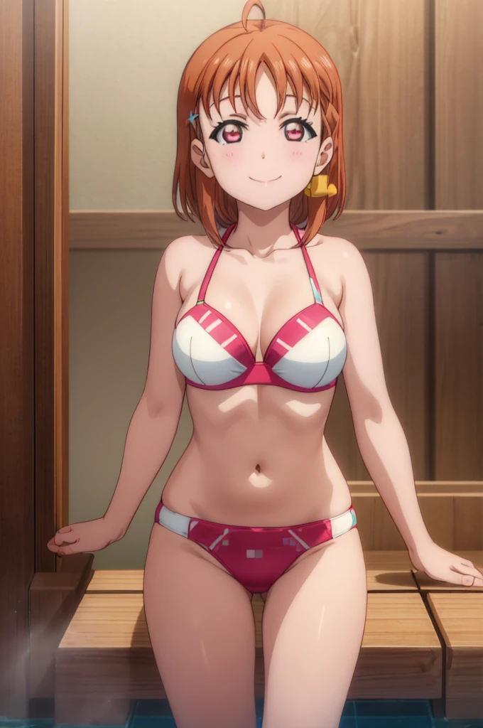 (((pixel-perfect, detail-perfect))), solo, 1girl, chika takami, smile, sauna, bikini, medium filesize, ultra High Qality
