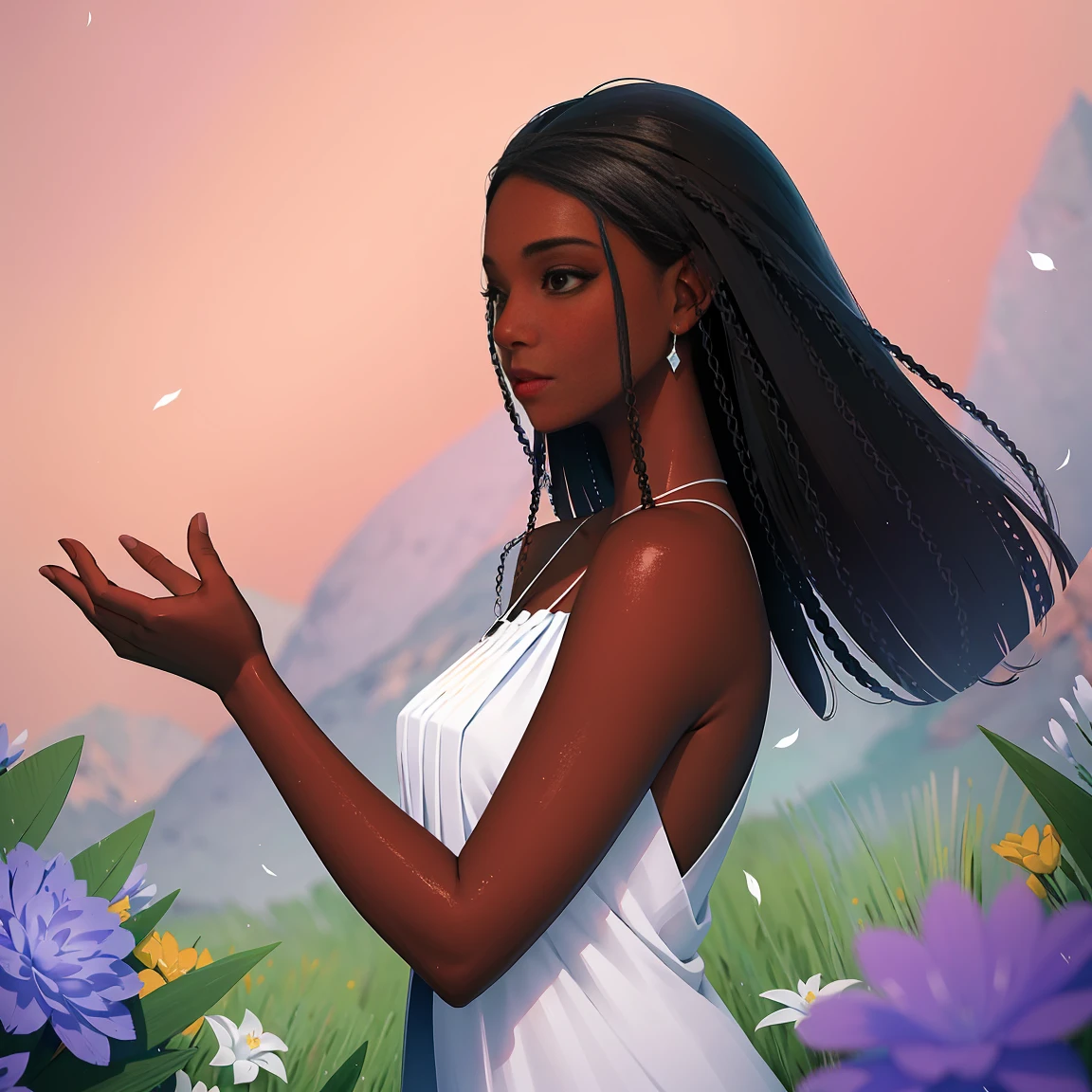 The prompt to generate a Stable Diffusion image with the theme "A black girl in a jardim tranquilo" pode ser:
"(melhor qualidade, high resolution, illustration:1.2), long eyelashes, rich ebony skin, Ethiopian characteristics, jardim tranquilo, soft lighting, atmosfera sonhadora, magical world, Detalhes intrincados, sorriso gentil, summer breeze, Ambiente alegre, moist skin, cabelo ondulado, traje fluido, Flores desabrochando, Notas alegres, retrato natural, jogo de luz e sombra, alma serena, pose elegante, subtle expression, olhos encantadores, Sorriso cativante, flawless makeup, flores misteriosas, Exquisite Patterns, rolagem horizontal, ambiente tranquilo"