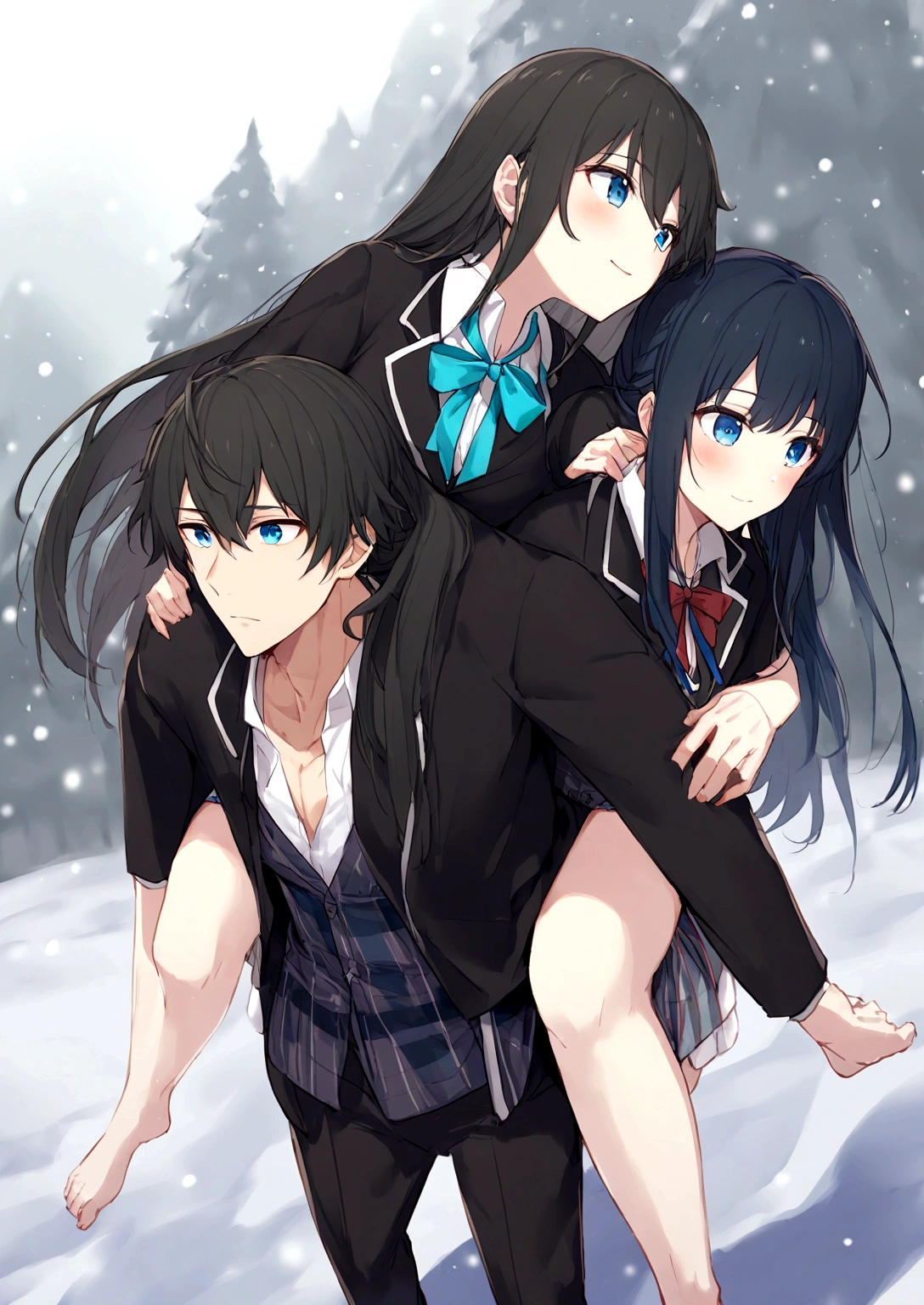 1 gril man giving  yukino yukinoshita  piggyback ride, Snow under the snow snow no carrying a man blue eyes black long hair piggyback ride, size difference,  man yukino Yukinoshita 1 man