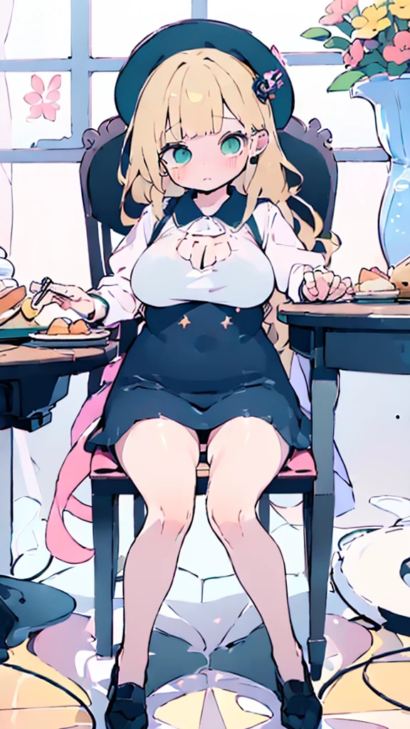 (flat:1.5),(cafe, window, sunlight, table, chair, sedentary:1.5) (big ass, thick thighs:0.7), (warm light source:1.2), intricate details, volumetric lighting, Realism BREAK(masterpiece:1.2), (top quality), 4K, ultra detail, (Dynamic configuration:1.4), Very detailed and colorful details,(rainbow colors:1.2), (shining lights, atmospheric lighting), dreamy, magical, (alone:1.2), intricate details, cheeky expression, (big breasts:1.5), (green eyes:1.5), (a devastated expression, dead eyes, dark atmosphere:1.5), (Green long hair:1.5), (shoes, buttoned dress shirt, Small hat,Small and tight denim shorts:1.5), (chubby), (beautiful eyes, flushing:1.5),(human ear,thin legs:1.5),(chair에 sedentary, diagonal shot:1.5), (embarrassing:1.5),(diagonal shot:1.5)