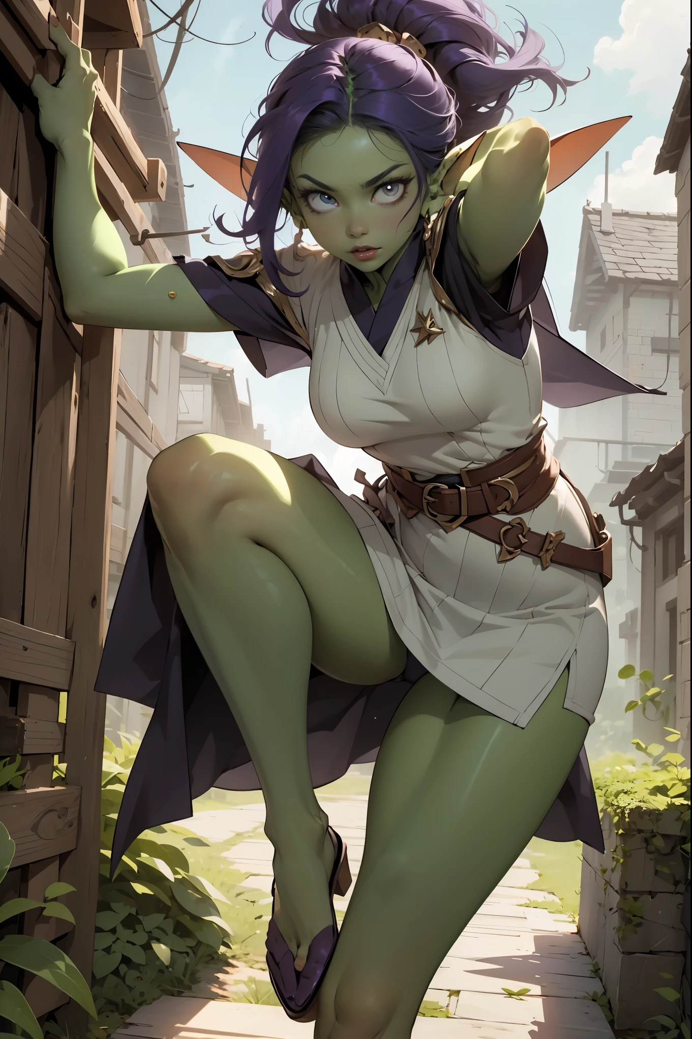 ((best quality)), ((masterpiece)), (detailed), goblin girl, (green skin), purple hair, sword dancer, wearing flowing white robes, action pose, dynamic pose, cinematic still