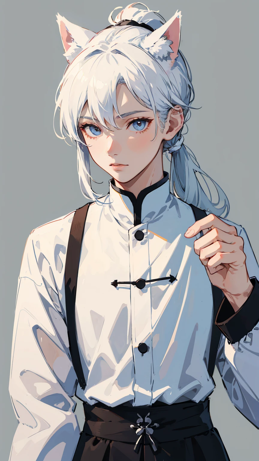 1boy, male photo,white fox ears, white pony tail, kimomo,best quality, high quality,masterpiece