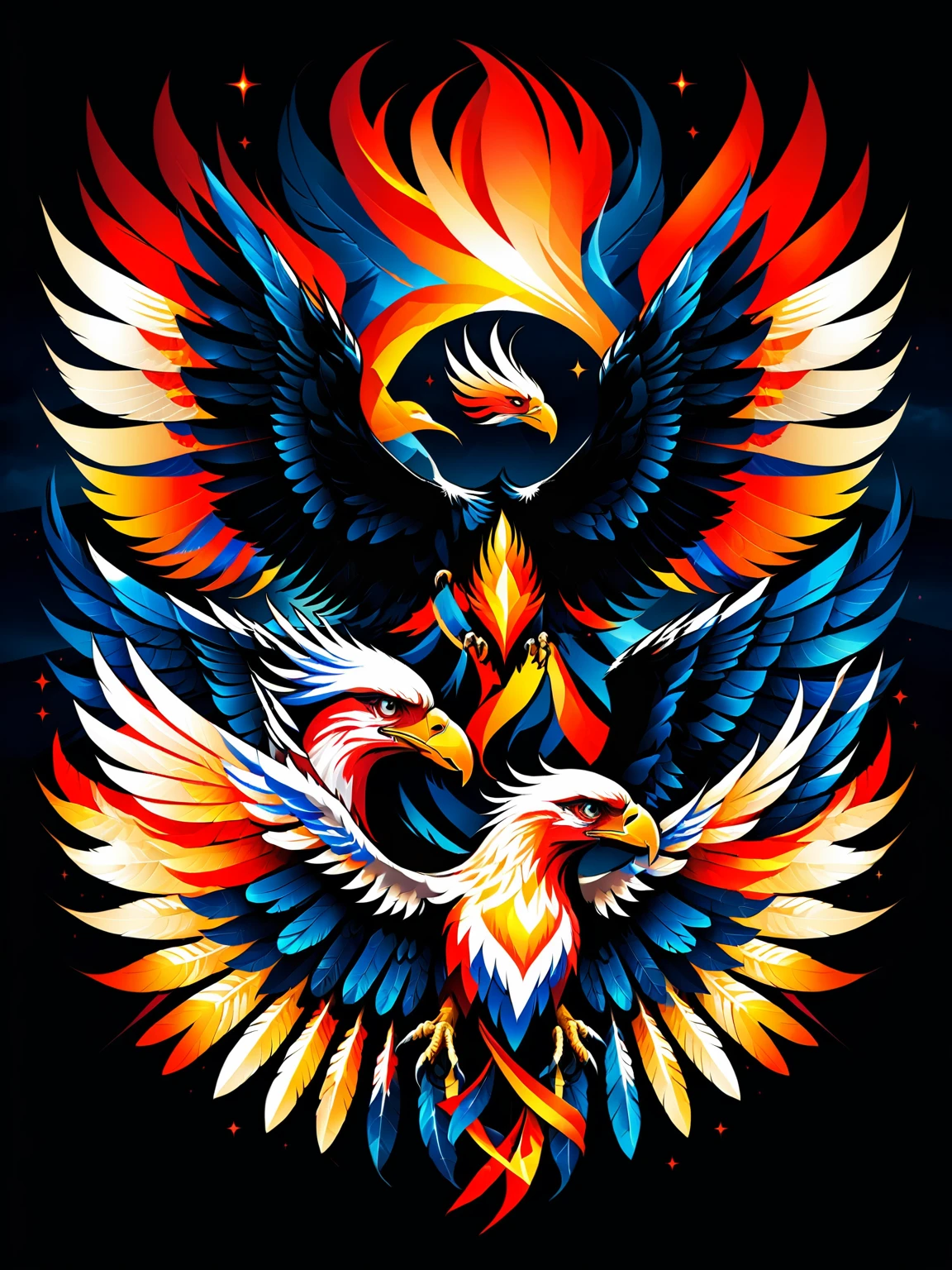 a red eagle logo on a dark sky background, a phoenix, eagle logo, r / vexilology, phoenix, vector, phoenix head, the phoenix, phoenix-inspired, with an eagle emblem, logo without text, vertex, square enix, threyda, vyverns, vecna, textless, vulture, white eagle icon, black wings instead of arms