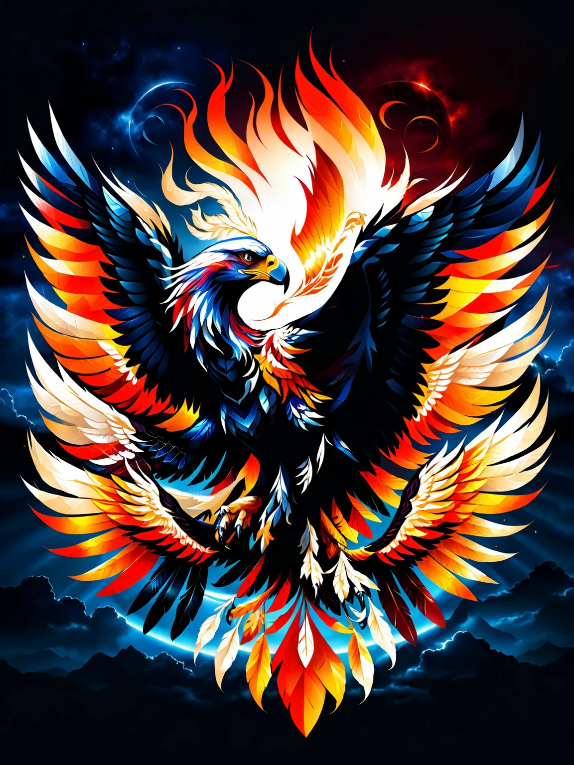 a red eagle logo on a dark sky background, a phoenix, eagle logo, r / vexilology, phoenix, vector, phoenix head, the phoenix, phoenix-inspired, with an eagle emblem, logo without text, vertex, square enix, threyda, vyverns, vecna, textless, vulture, white eagle icon, black wings instead of arms