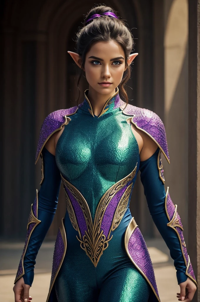work of art of a beautiful dragon elf, beautiful face and perfect body. His tight suit is made of multicolored dragon scales, great detail of textures, hyper realistic.  A resplendent shine runs through it like an ethereal aura, intricate details.