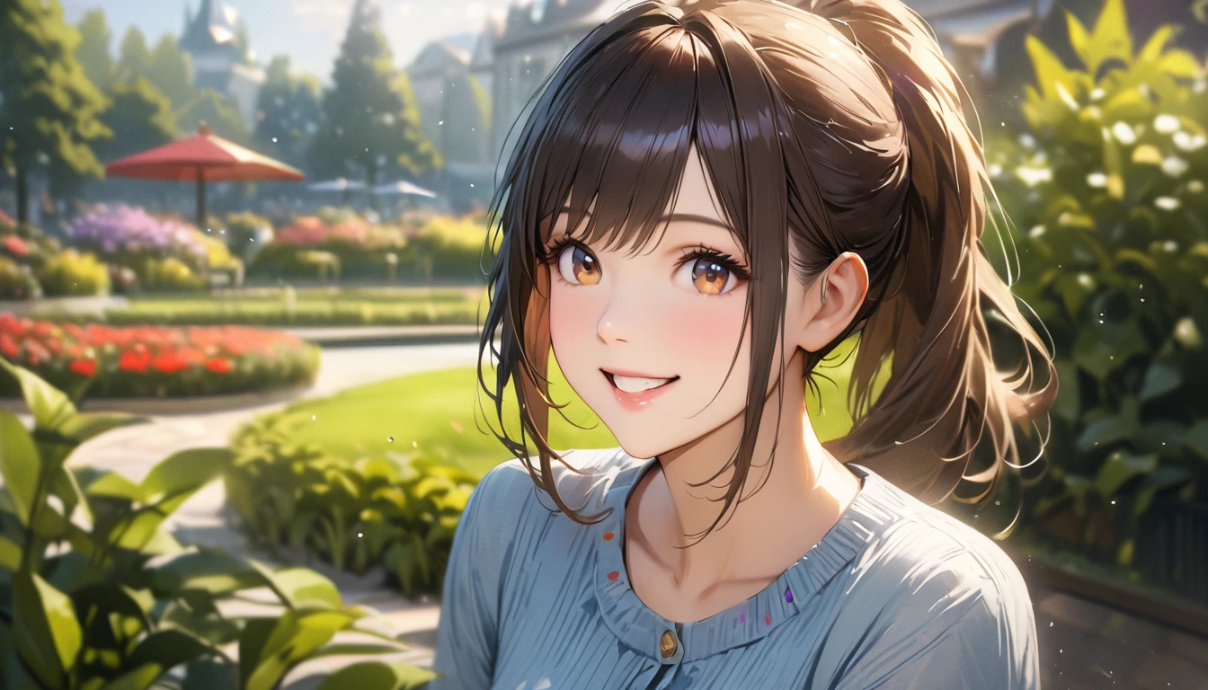 garden, Cute casual clothes,On a date,Blur the background,High school girls,ponytail,smile,Glitter effect,Highest quality, 4K, 8k, High resolution, masterpiece:1.2, Very detailed, Realistic:1.37, High resolution, 超High resolution, Ultra-fine painting, Sharp focus, Physically Based Rendering, Very detailedな説明, Professional, Vibrant colors