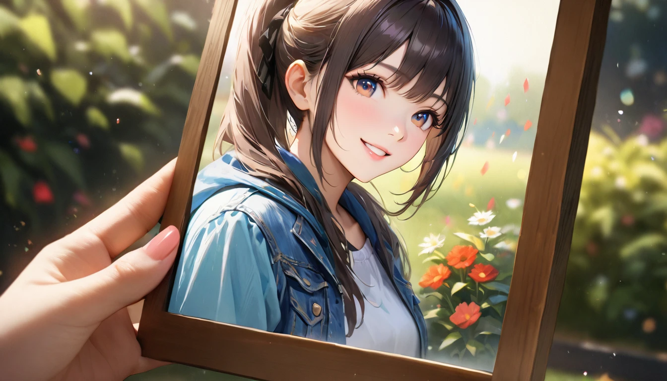 garden, Cute casual clothes,On a date,Blur the background,High school girls,ponytail,smile,Glitter effect,Highest quality, 4K, 8k, High resolution, masterpiece:1.2, Very detailed, Realistic:1.37, High resolution, 超High resolution, Ultra-fine painting, Sharp focus, Physically Based Rendering, Very detailedな説明, Professional, Vibrant colors