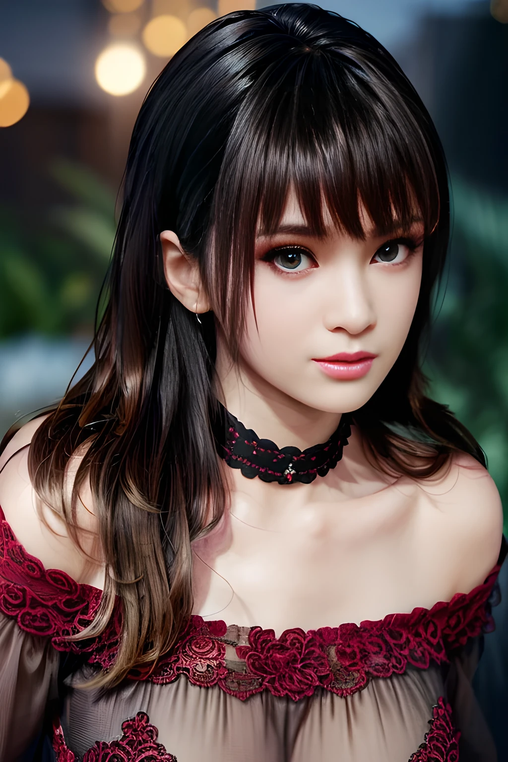 1girl,Character wearing a red gown with a structured bodice, sweetheart neckline and delicate lace detailing on the two-third length sleeves,Hair glowing purple and pink with a starry sky in the background,(huge breasts),lactating,(lip gloss),(masterpiece), best quality, (real life portrait photography:1.5),unltra detailed,8K,Shot with a professional-grade camera like the Nikon D850,every intricate detail is captured, from the subtlest expression to the glimmer of anticipation in her eyes,,nanami