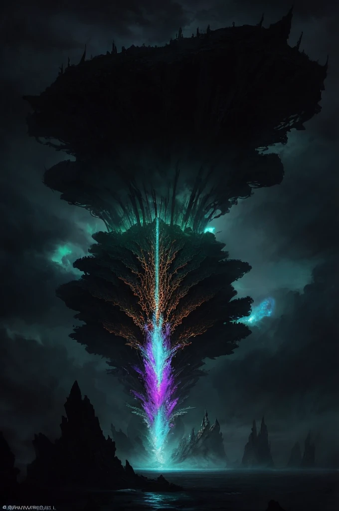 arcane, awesomize, fantastic, primordial, magical, famous artwork (by archan nair:1.2), (dramatic scene:1.4), (fractal art:0.3), fantasy style, this image shows the colossal kraken-like monstrosity known as the "temporal plerkfluff" as it smirkles from the regorbified depths of a churning, otherworldly glowing sea under a dramatic tempestuous sky, it is surrounded by the typical jagged fractal crystal formations on the zibzorbled shore of the water-rich planet blumsnorf ii, superstitious life forms consider it a "bringer of nightmares", ultra detailed