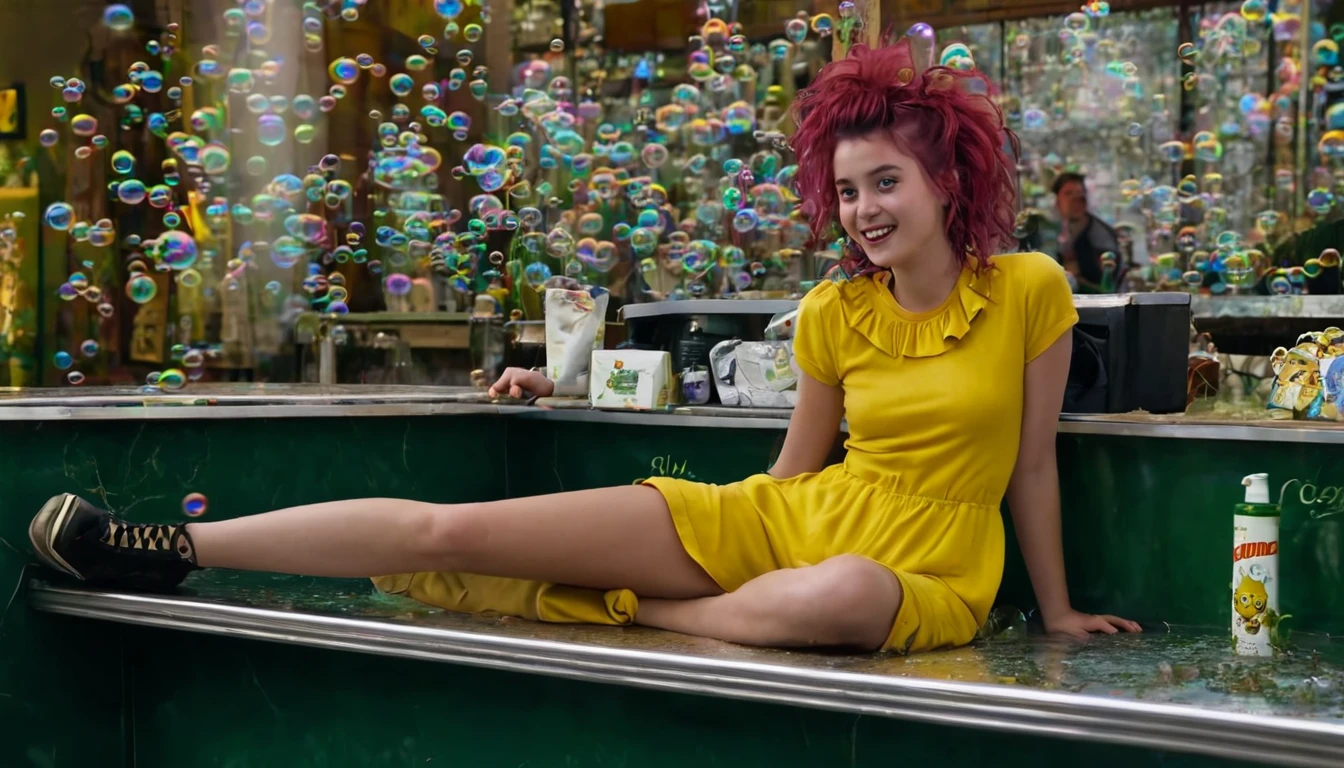 Young girl sitting on top of a shopping counter. Character: young girl of twelve years old, smiling, crazy, pale. Clothing: dark boots, torn socks, old yellow overalls. Appearance: red hairstyle with green and yellow highlights, light eyes, flushed cheeks, , messy hair. Light: low light, dark. Details: soap bubbles, suspense. Setting: terror, suspense, horror. Full HD