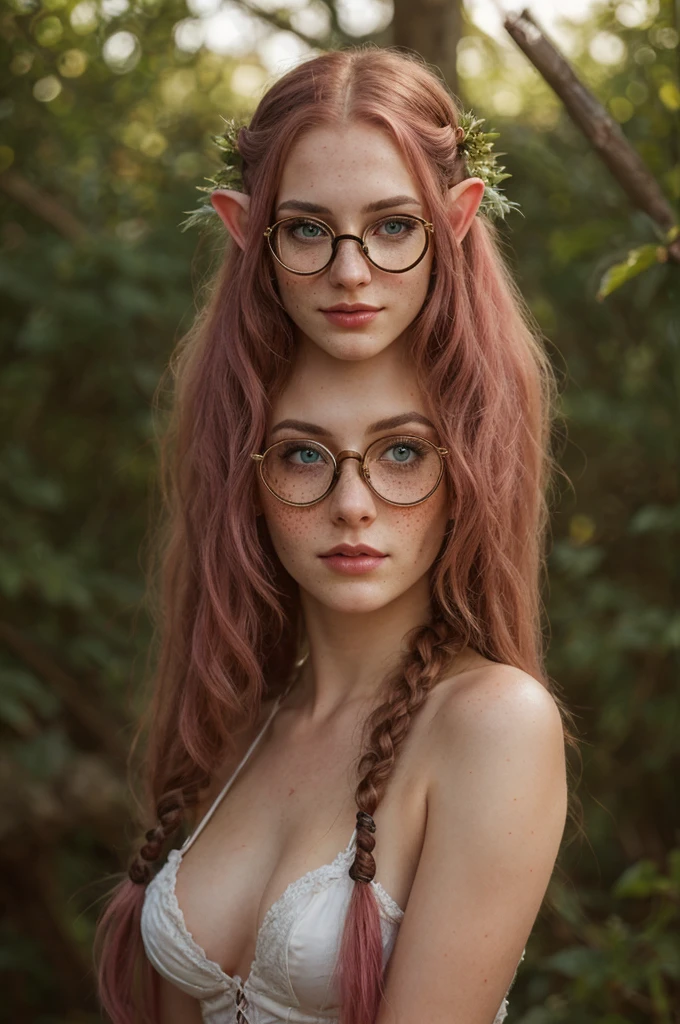 (Realisttic:1.2), analog photo style, Beautiful Elf woman, posing, with freckles and glasses and long pink hair braided, (steampunk dark fantasy atmosphere), soft natural light, cute and sexy, great quality, Masterpiece, detailed strange background, better performance, 16k quality, HDR, RAW photo