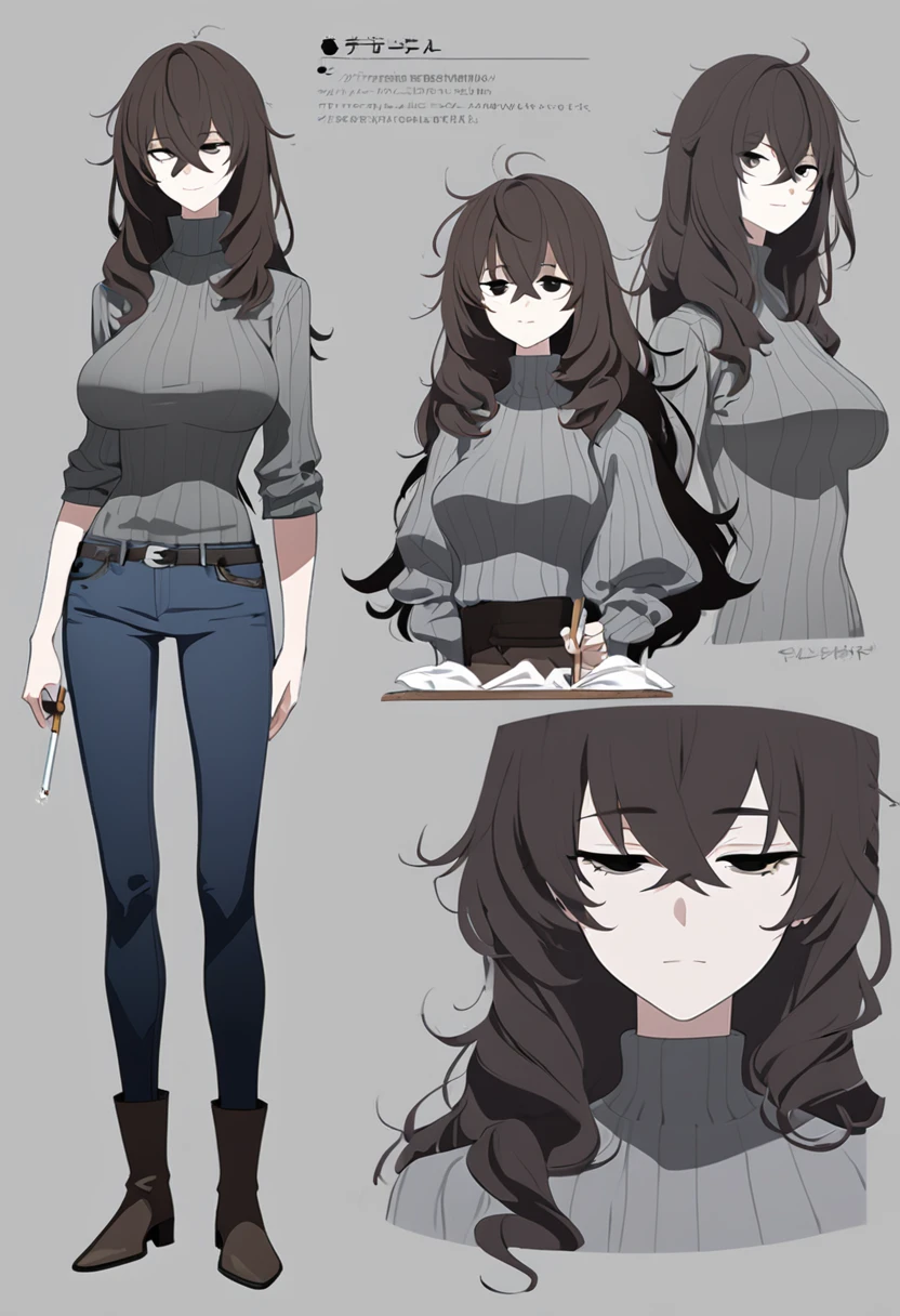 One Woman,Downer,older sister,Concept Art,Dark brown hair,Straight hair with slight inward curls,Staring eyes,Eye Ridge,black eye,Crossed bangs,whole body,smile,Larger breasts,Gray background,Bangs that reach down to the eyes,Messy hair,Tight dark jeans,Gray turtleneck sweater,Multiple views of the same character,Character Design,Dark circles under the eyes,Bad look,Listless,Sloppy,Silver Jewelry,Cafe staff,Holding a cigarette,whole bodyCharacter Design,Detailed hands,Height: 170cm,boots,Fleshy body,
