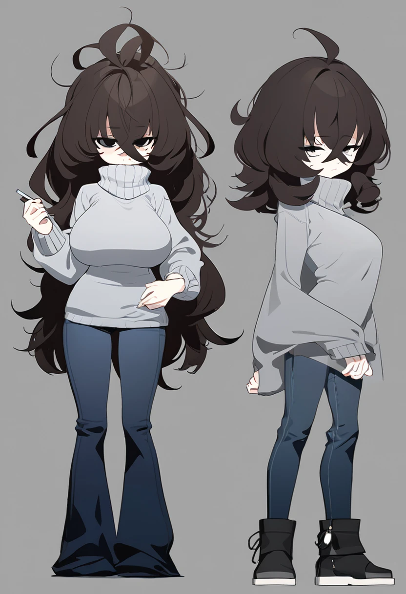One Woman,Downer,older sister,Concept Art,Dark brown hair,Straight hair with slight inward curls,Staring eyes,Eye Ridge,black eye,Crossed bangs,whole body,smile,Larger breasts,Gray background,Bangs that reach down to the eyes,Messy hair,Tight dark jeans,Gray turtleneck sweater,Multiple views of the same character,Character Design,Dark circles under the eyes,Bad look,Listless,Sloppy,Silver Jewelry,Cafe staff,Holding a cigarette,whole bodyCharacter Design,Detailed hands,Height: 170cm,boots,Fleshy body,