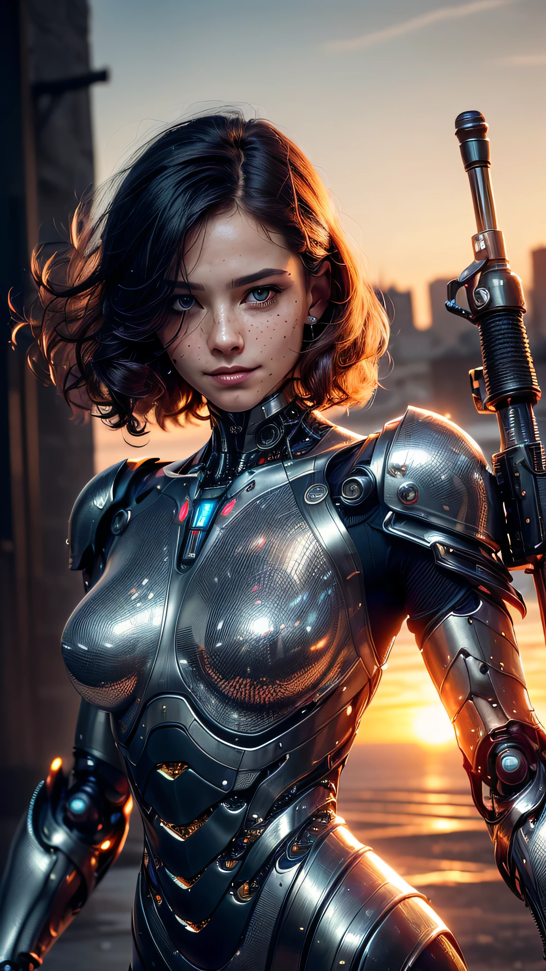 (masterpiece, photorealistic:1.4, extremely intricate:1.3), (photon mapping, radiosity, physically based rendering, ultra resolution, hyper-realistic, hyper-realistic, 8K, (dtx)), muscular girl, ((Sumptuous armor from the late Renaissance, black chrome perfectchainmail armor:0.8, ((mechanical limbs, cybernetic arms, futuristic cyborg, ((weapon)))), smirking, aloof, [skin detail:freckles:0.7])), metal reflections, upper body, portrait, outdoors, sunset, background futuristic battlefield, far away city destruction, skylaser, professional photograph, (short curly black hair, blowing, dynamic movement pose), sharp focus, dramatic, award winning, (film grain, bokeh, interaction, sunrise)
