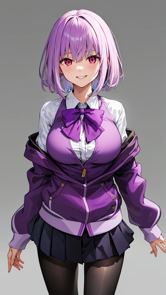 masterpiece, highest quality, High resolution, shinjou akane, One girl, alone, pantyhose, shirt, bow, skirt, purple Jacket, Jacket, white shirt, Long sleeve, short hair, black skirt, collared shirt, black pantyhose, Open clothes, bowtie, purple bow, chest, bangs, Red eyes, pleated skirt, Off the shoulder, open Jacket, Sleeves are longer than the wrist, Light purple hair, purple bowtie, miniskirt,  Cowboy Shot,too evil smile,smile worst,looking down at viewer,laugh worst,evil laugh,deep shaded face,laugh face,big monster ,dark purple backgrounds,two hands,five fingers,two legs,
