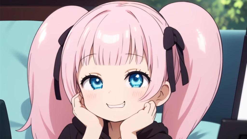 1girl, grin, :3, twintails, upper body, hand to own mouth, looking at viewer, half-closed eyes, hoodie, pink hair, blue eyes,