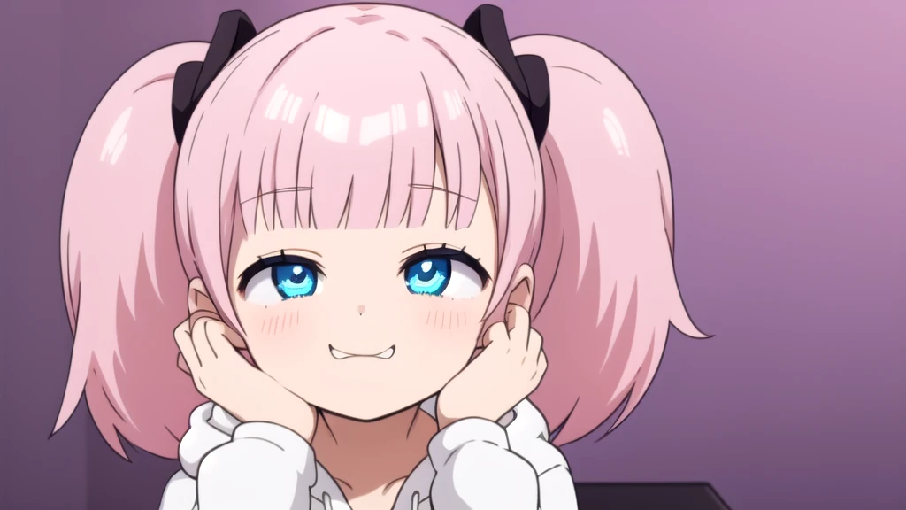 1girl, grin, :3, twintails, upper body, hand to own mouth, looking at viewer, half-closed eyes, hoodie, pink hair, blue eyes,