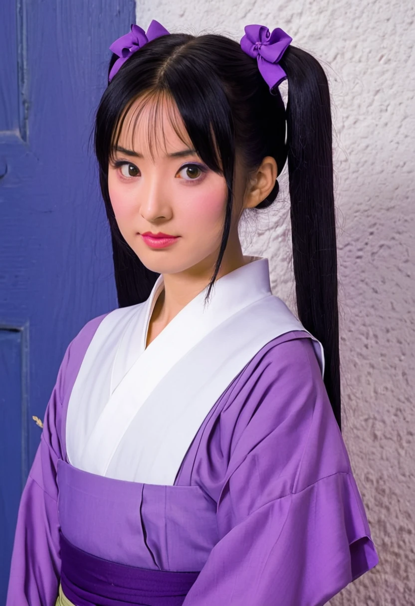 A Ghibli's studio character. She have her black hair tied in a long pigtails. She wears traditional clothes and her lower lips is purple