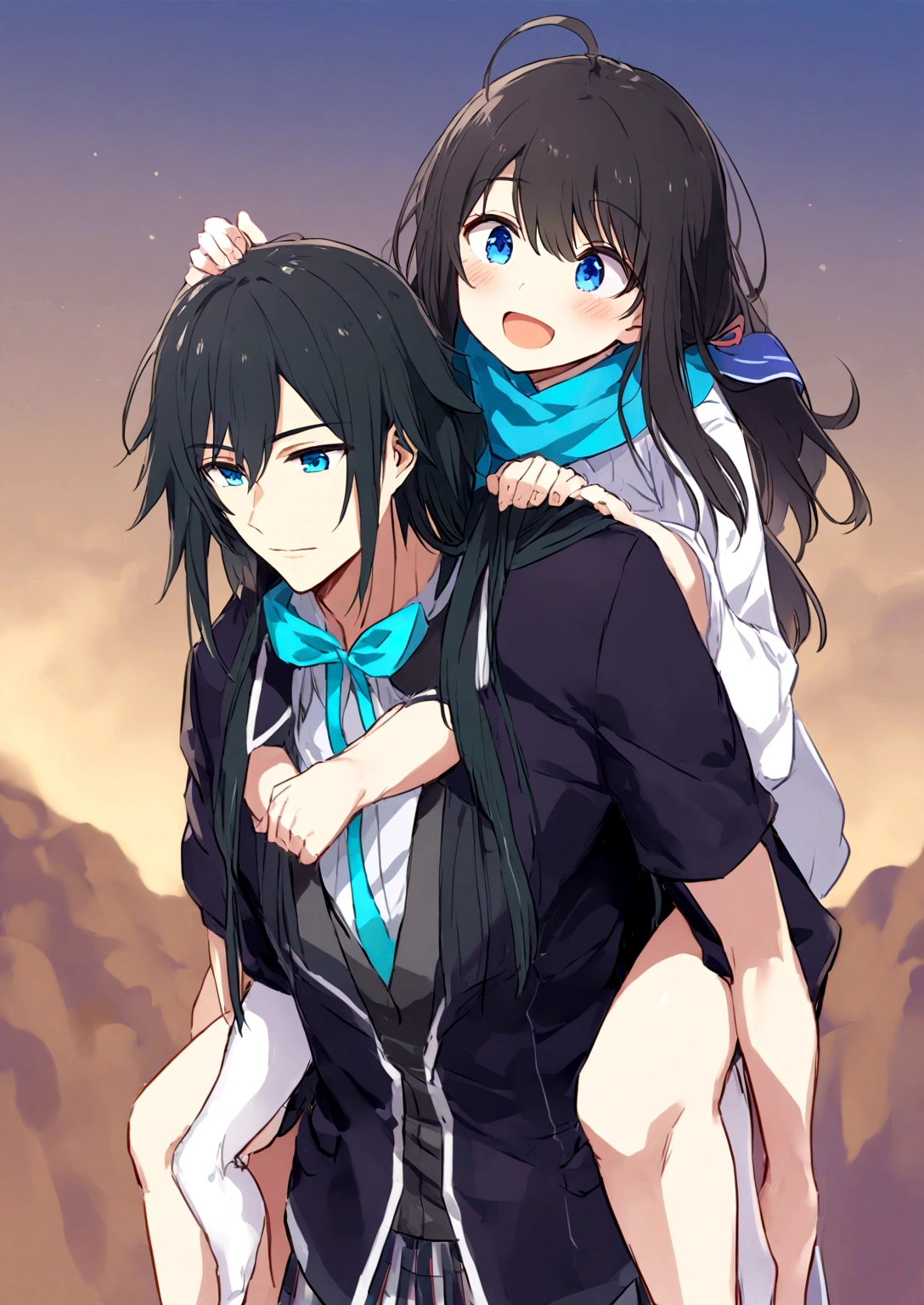 yukino yukinoshita giving  man   piggyback ride,  Blue eyes black long hair piggyback ride, size difference,  man yukino Yukinoshita 1 man