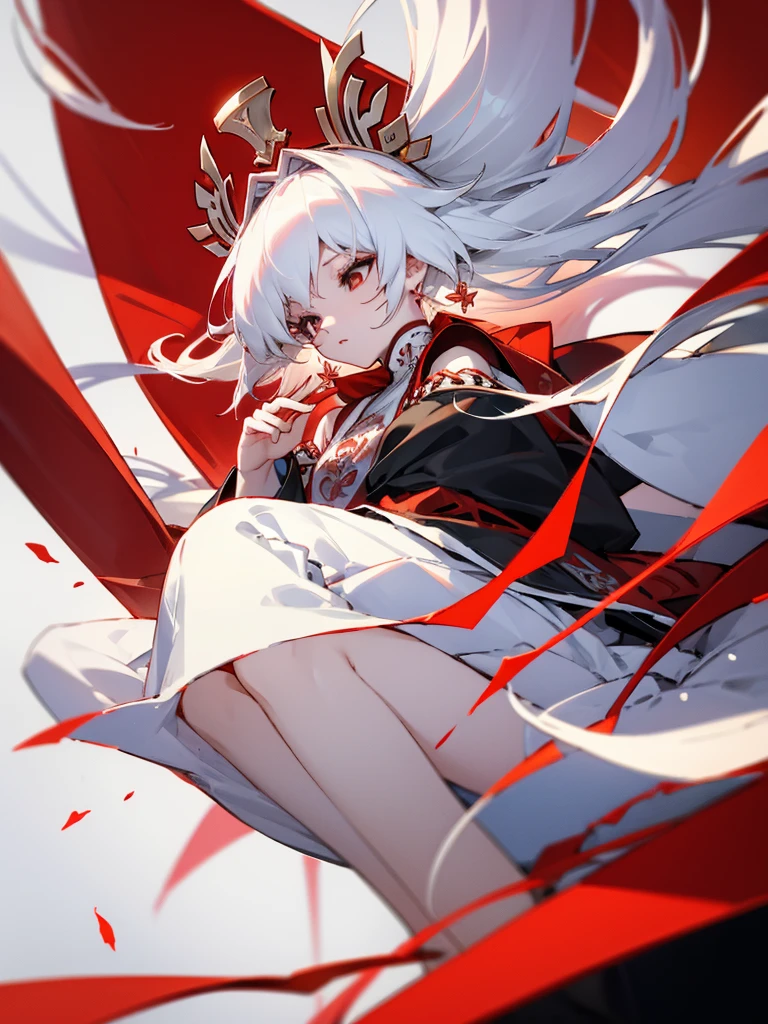 Miko dress, large breats, pale skin, white hair, long hair