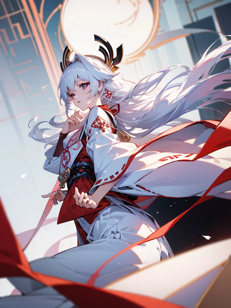 Miko dress, large breats, pale skin, white hair, long hair