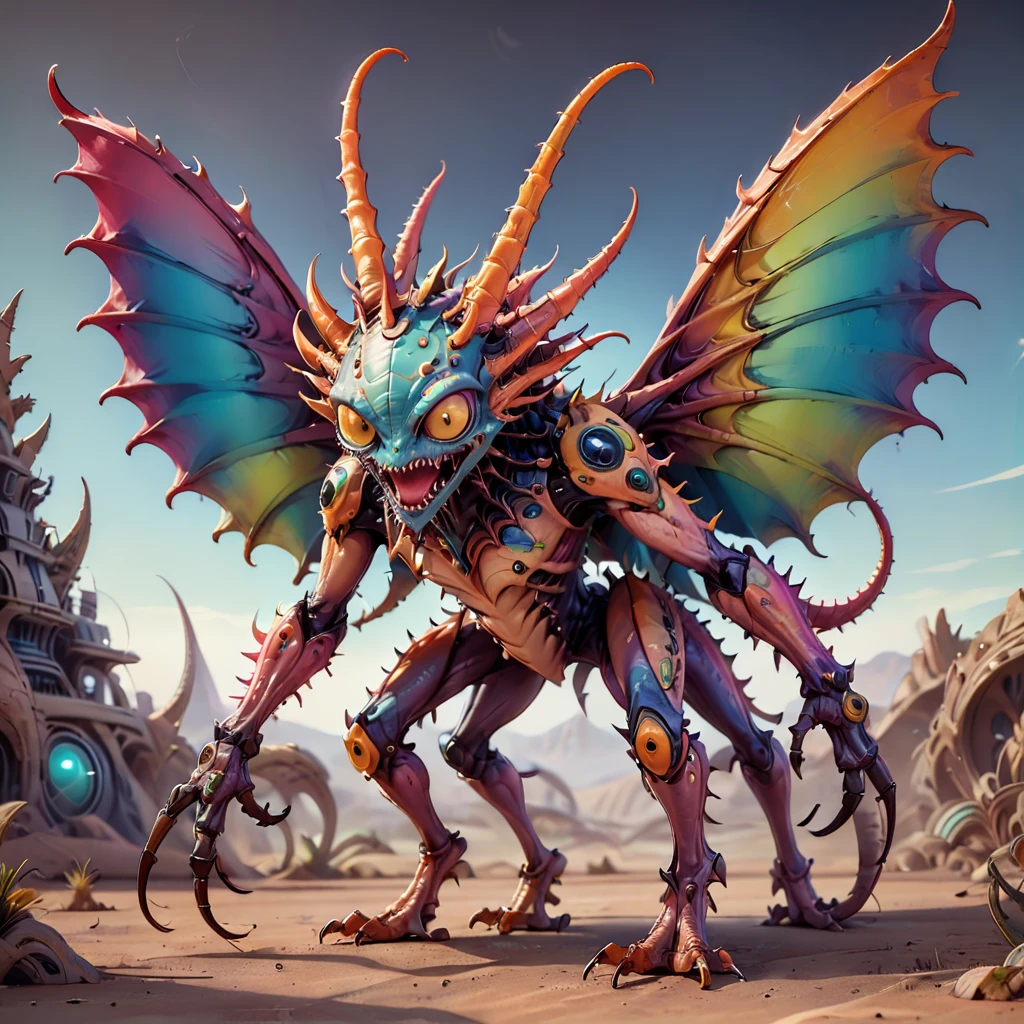 a small bizarre and strange looking part mechanical brightly coloured alien. Showing the entire, highly detailed body from the side. The entire picture is full of details. Strange alien landscapes in the background. Big detailed wings and sharp teeth and fangs. a sharp abdominal stinger. tentacles and antennas and multiple eyes. long spiky legs. Scaley segmented body. Hypnotic and telepathic and psychedelic looking.