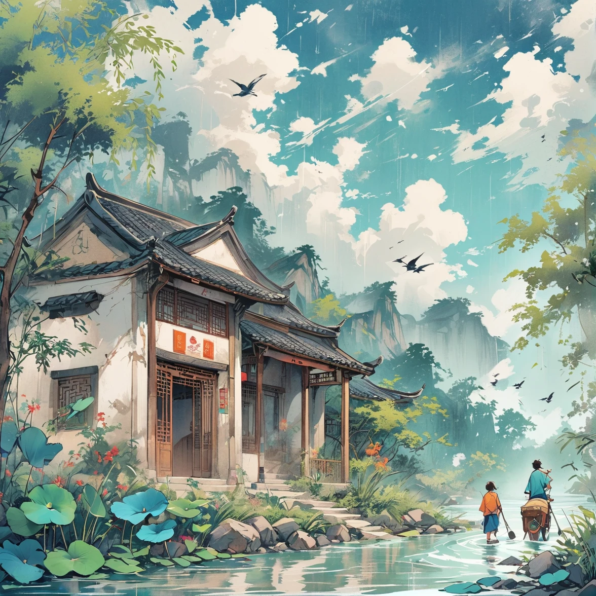 Um garotinho fofo andando de bicicleta,The background is green grass and blue sky,Estilo de tinta chinesa。O design do personagem de desenho animado usa ciano claro como cor principal,There are some white clouds floating。Ele tem cabelo curto,Wearing a shirt with a teddy bear。Colorful illustration showing bubbles flying next to them。high resolution