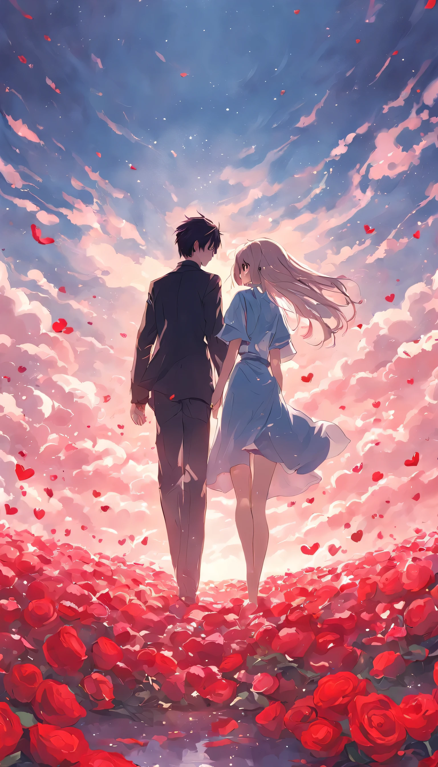 In a romantic atmosphere,Couples hugging and walking in a sea of roses,Under the blue sky and white clouds,Feel the romantic theme of Valentine's Day。