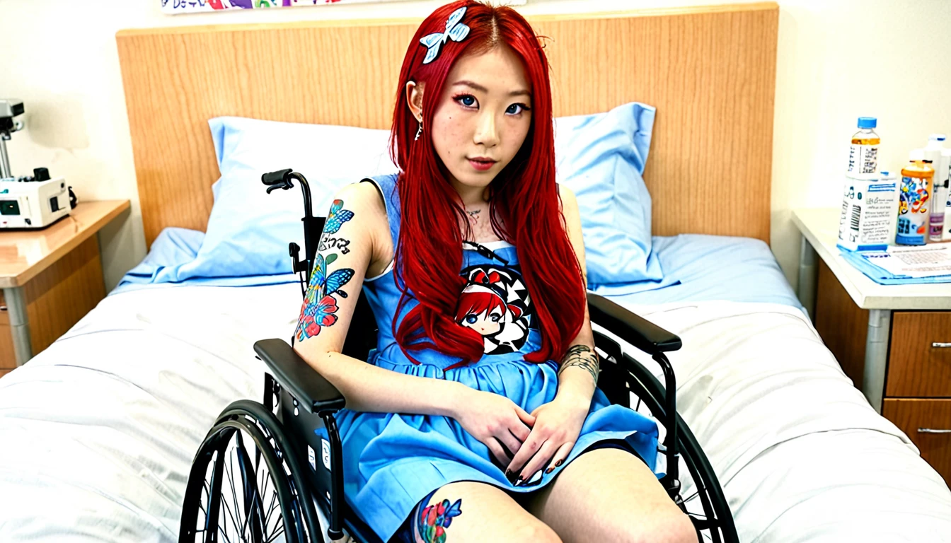 Uhd, photo of Cami, subject: Noriko, 1/2 Japanese 1/2 Hainu skinny girl with long red hair in a 2/00 large wheelchair, blue+++ eyes, oval face, LGBTQIA+, queer, punk style, dressed in colorst, buttefly hairclip, tattooes. She is lying in bed of the hospital, donating her blood. Italian style.