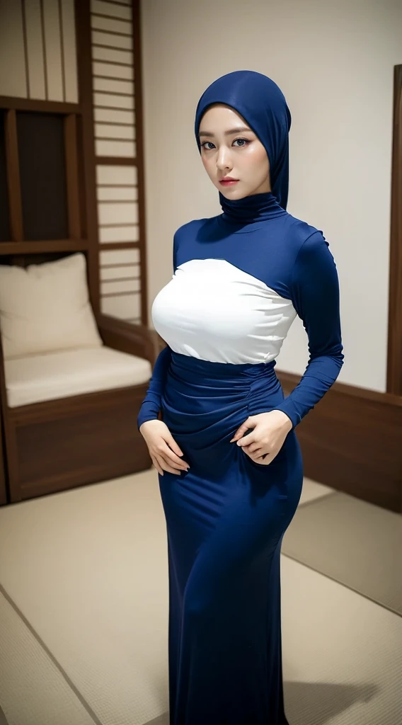 (Masterpiece,Best Quality:1.3),(depth of field:1.3) ,((front body:1.35)) ,malay woman hijab,30 years old, Long Sleeve Round neck T-shirt transparent Maxi Tight Dress, huge breasts , plump,(looking at viewer:1.3), (full body shot:1.2), crouch down,