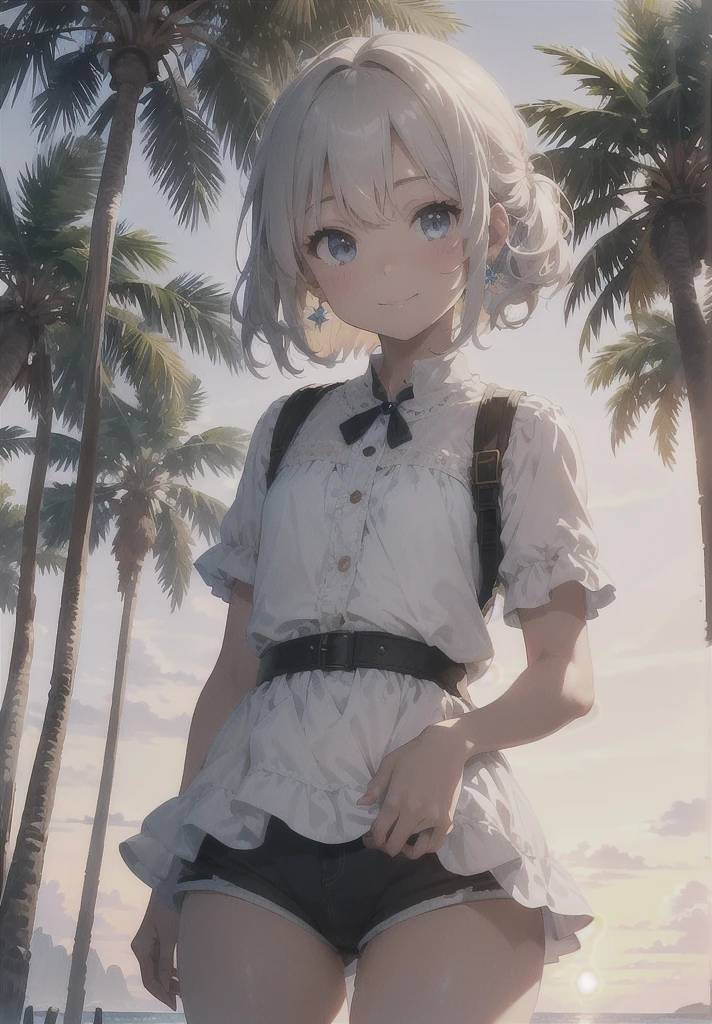 (((Masterpiece)), (((Highest Quality)), (((Very delicate and beautiful)), (Highly detailed CG Unity 8K wallpaper: 1.3), Very delicate light, (Backlight), (Steampunk),
/=、
(Cowboy Body)), 18 year old girl, Solo, (Petite), (Small), Neon Pink Sunglasses, Swimsuit, High Waist Shorts, White Hair, Blue Eyes, Earrings, (Wavy Curly Short Hair), (Ahoge), (Cute Face: 1.114), (Fine Eyes: 1.15), (Cute Face: 1.114)
, (beautiful fine eyes and beautiful face: 1.15),
The girl is smiling and looks happy in a beautiful tropical landscape. Behind her, the sun is setting, casting a warm glow on the scene, creating a dreamy atmosphere. In the distance, palm trees sway in the breeze, creating a leisurely retro atmosphere, such as sand, sun, beach, sea, horizon, etc.
Highly detailed ray tracing