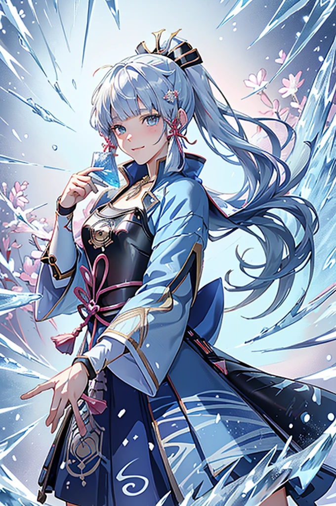 ((kamisatoayakadef)),1 Anime Girl, Warrior, Realistic people,Realistic, beautiful, smile, elegant, Majestic, Splash Art, Particles of light, Diamond Blade, (Cold Energy, Cold Blast, cold water: 1.4) Dynamic pose, ((fan、fanを持っている))((fanを広げる)),milky way, (Fractal Art:1.1), (colorful:1.1),(iceの花:1.4), (Spiral Splash), Most detailed,(Tangled:1.1),(抽象的なbackground:1.1), (Shiny skin), (Many colors:1.4), Ultra-high resolution, retina, masterpiece, Accurate, Anatomically correct, texture.(background:ice-flurry, snow,ice-shard, ice, crystallization)