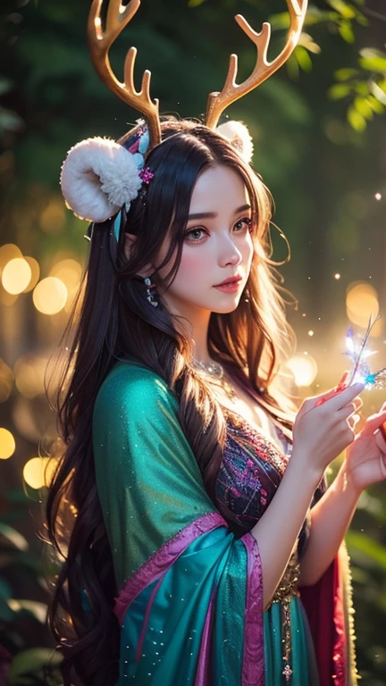 A beautiful woman with colorful antlers, in the magical forest, with glowing lights and crystals, cinematic, bokeh effect, hyper realistic, detailed, fantasy , medium long shot