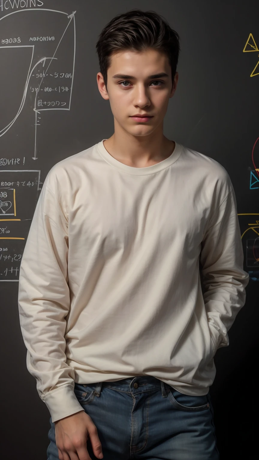 A young man with a beautiful blink of an eye, with a black hair, wearing a luxurious long-sleeved shirt, bright white color, and jeans, and he is in his office, and behind him is a blackboard with the mind map on the science of calculus. His eyes are black halos, and he comes out of his head, neon, with a mind map.