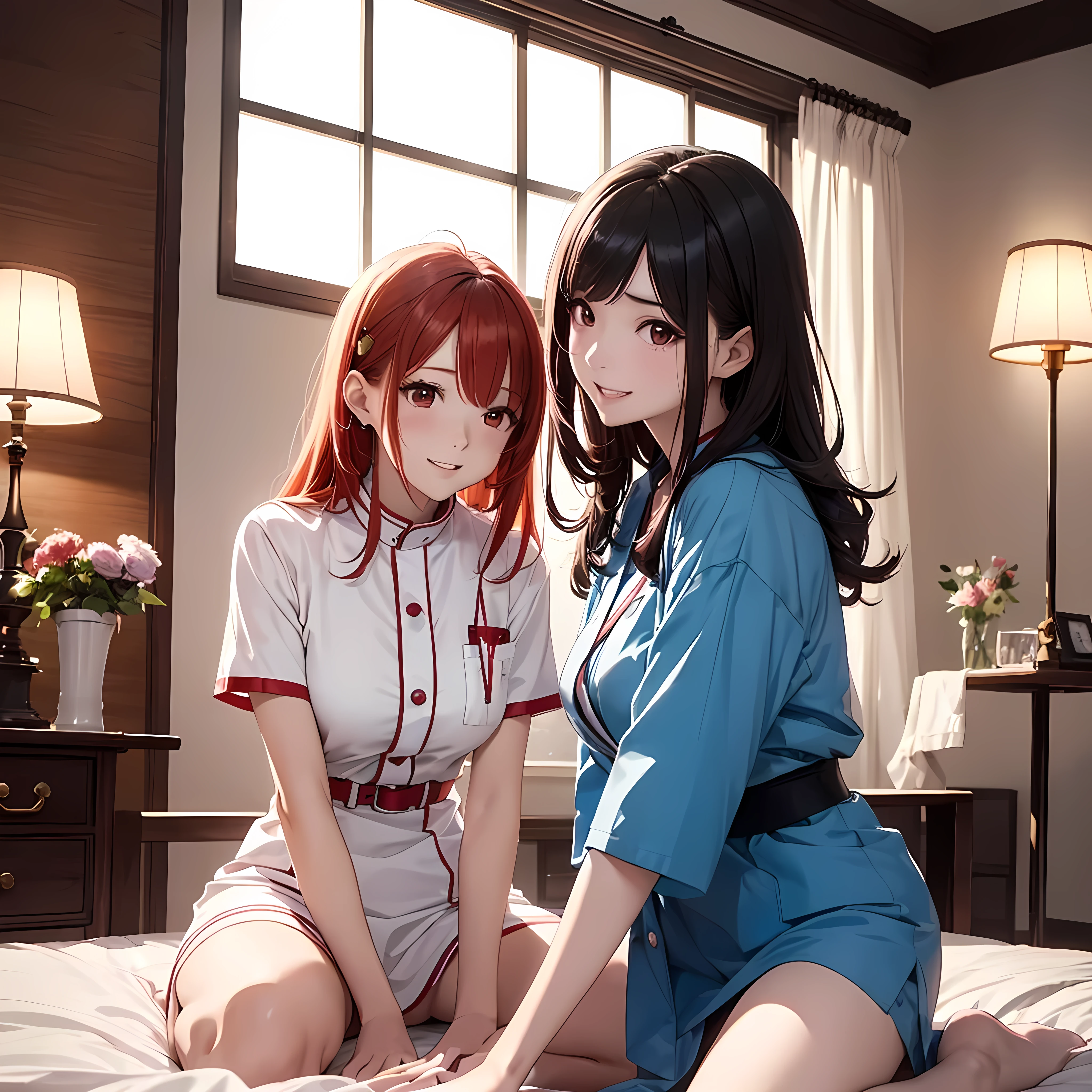 Two beautiful young women, Anime Style, Detailed face, Redhead, Red eyes, Delicate features, Soft lighting, Wear a nurse costume, Laugh and have fun, Playful expressions, comfortable、Well decorated bedroom, Person sitting on bed, Another was standing nearby.., Mr..々Cosplay accessories scattered around, Bright and attractive interior lighting, Dynamic pose, Japanese Anime Style, high quality, Very detailed, 8K resolution, Cinema Lighting, 最high quality, Vibrant colors, Instagrammable, beautiful, tendency、erotic、sexy
