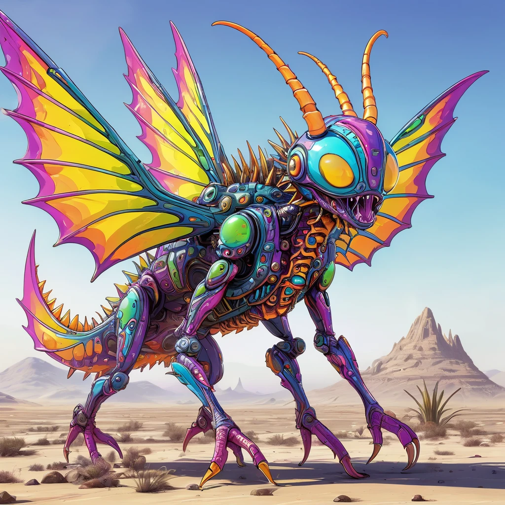 a small bizarre and strange looking part mechanical brightly coloured alien. Showing the entire, highly detailed body from the side. The entire picture is full of details.  Strange alien landscapes in the background. Big detailed wings and sharp teeth and fangs. a sharp abdominal stinger. tentacles and antennas and multiple eyes. long spiky legs. Scaley segmented body.  Hypnotic and telepathic and psychedelic looking. 