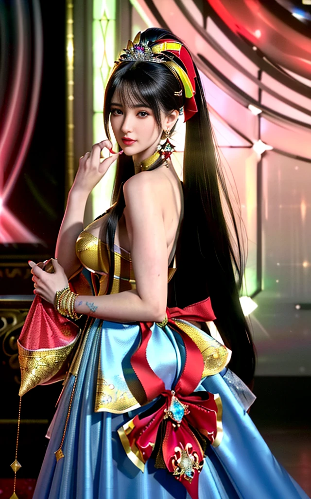 ((realisticity: 1.2)), ((realistic: 8K UHD)), ((best resolution: 8K UHD)), hyper detailed, best quality,masterpiece,highres,cg, ((1 girl hyper detailed and hyper realistic) ) , ((beautiful queen, hyper realistic and hyper detailed)),((white skin, beautiful, smooth, youthful, hyper realistic and hyper detailed )), ((Face hyper beautiful, white, hyper realistic and hyper detailed ) ), long hair, ((hyper realistic and hyper detailed dress)), solo, ((hyper realistic, hyper beautiful, beautiful and hyper detailed jewelry)), ((hyper beautiful deep red and golden yellow dress, hyper realistic and hyper detailed )) , ((Her pretty, hyper realistic, hyper detailed diamond filled earrings)), ((Her gorgeous diamond haircut, hyper realistic and hyper detailed)), ((hyper pretty upper body, hyper beautiful, hyper realistic and hyper detailed) ), ((medium breast: 1.1)), ((hyper realistic, hyper pretty, hyper detailed boobs)), ((the backgroun of the royal palace is hyper majestic, hyper realistic and hyper detailed)),((hands and palms hyper beautiful, hyper detailed, hyper realistic)), ((hyper detailed and hyper realistic fingers and fingernails)), ((hyper pretty fingernails, hyper vivid, hyper detailed, hyper realistic)), ((thumb, index finger, middle finger, ring finger, little finger hyper vivid, hyper pretty, hyper detailed, hyper realistic)),  
((hyper beautiful fingers, hyper detailed, and hyper realistic)), ((posture not too fat and not too thin, hyper realistic, hyper detail)), ((hyper pretty, hyper pretty, hyper realistic and hyper detailed hair bun)), ((hyper pretty , hyper realistic and hyper detailed blue hair)), candid, Photo, high resolution, 8k , bokeh,