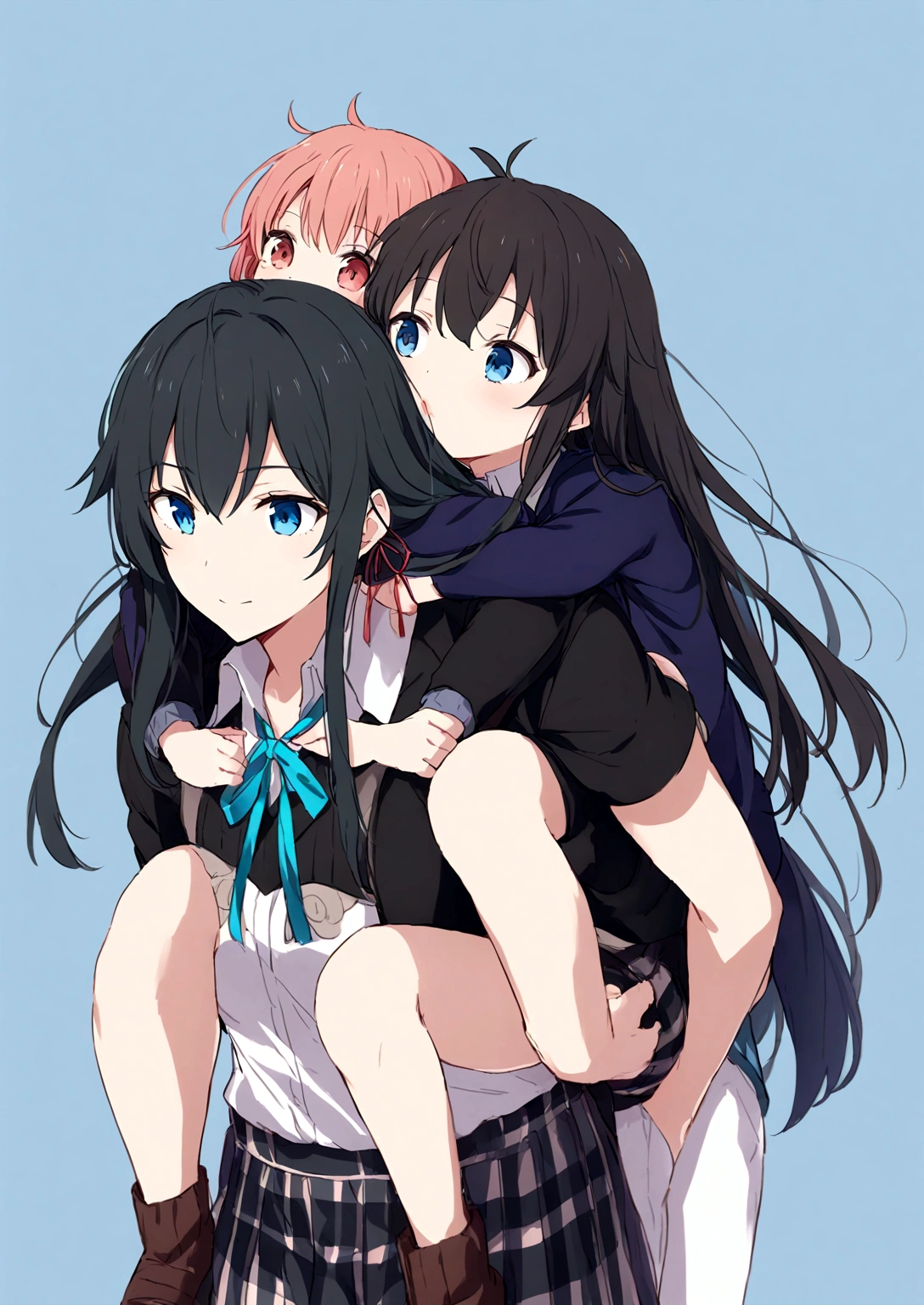 yukino yukinoshita giving   piggyback ride,  Blue eyes black long hair piggyback ride, size difference,   yukino Yukinoshita 