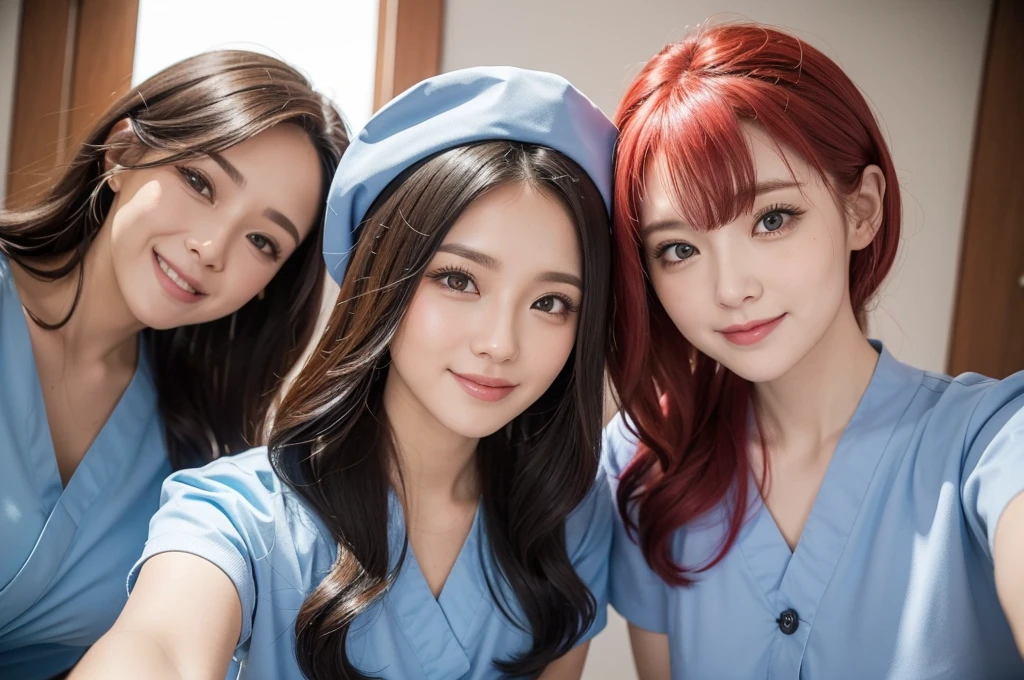 two sexy women in midwife outfits, various hair colors and hairstyles, cute smiles, portrait, close up faces, view from below