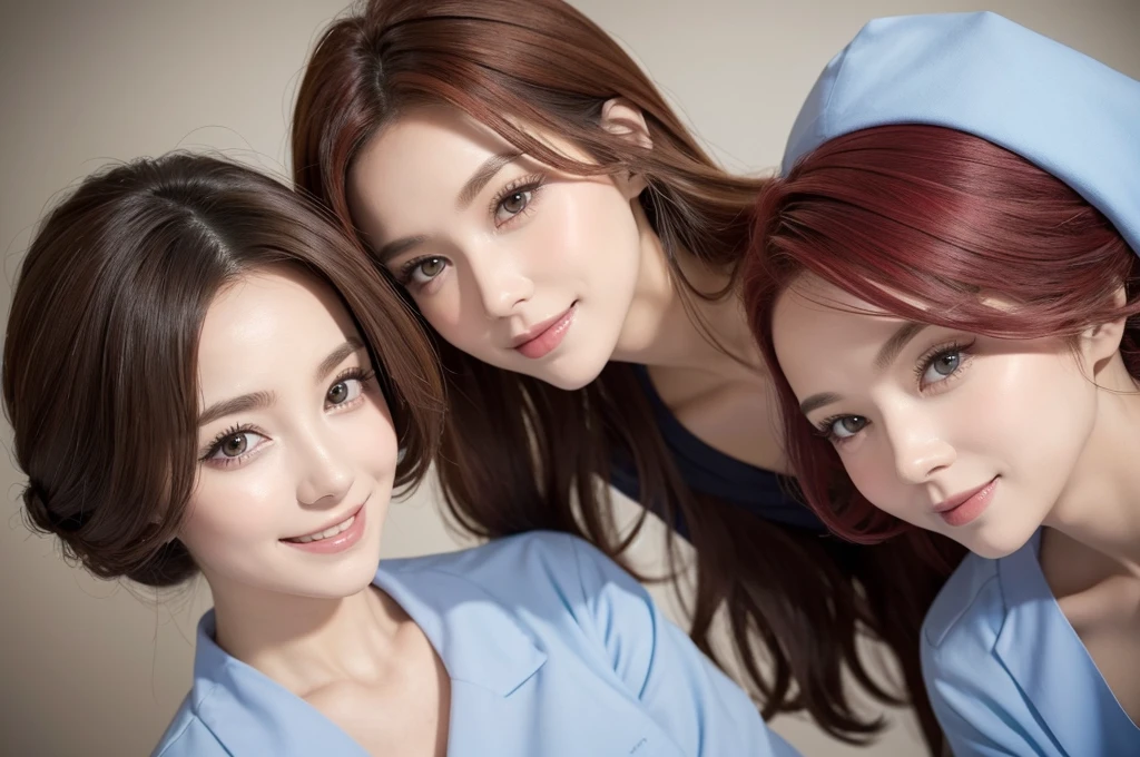 two sexy women in midwife outfits, various hair colors and hairstyles, cute smiles, portrait, close up faces, view from below